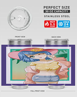 A beautiful and sexy girl on the beach wearing a cute hat, featured on a stylish stainless steel tumbler.