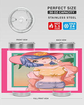 A beautiful and sexy girl on the beach wearing a cute hat, featured on a stylish stainless steel tumbler.