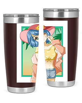 A beautiful and sexy girl on the beach wearing a cute hat, featured on a stylish stainless steel tumbler.