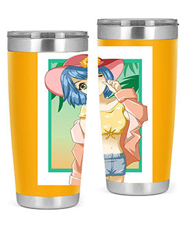 A beautiful and sexy girl on the beach wearing a cute hat, featured on a stylish stainless steel tumbler.