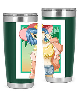 A beautiful and sexy girl on the beach wearing a cute hat, featured on a stylish stainless steel tumbler.