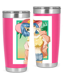 A beautiful and sexy girl on the beach wearing a cute hat, featured on a stylish stainless steel tumbler.