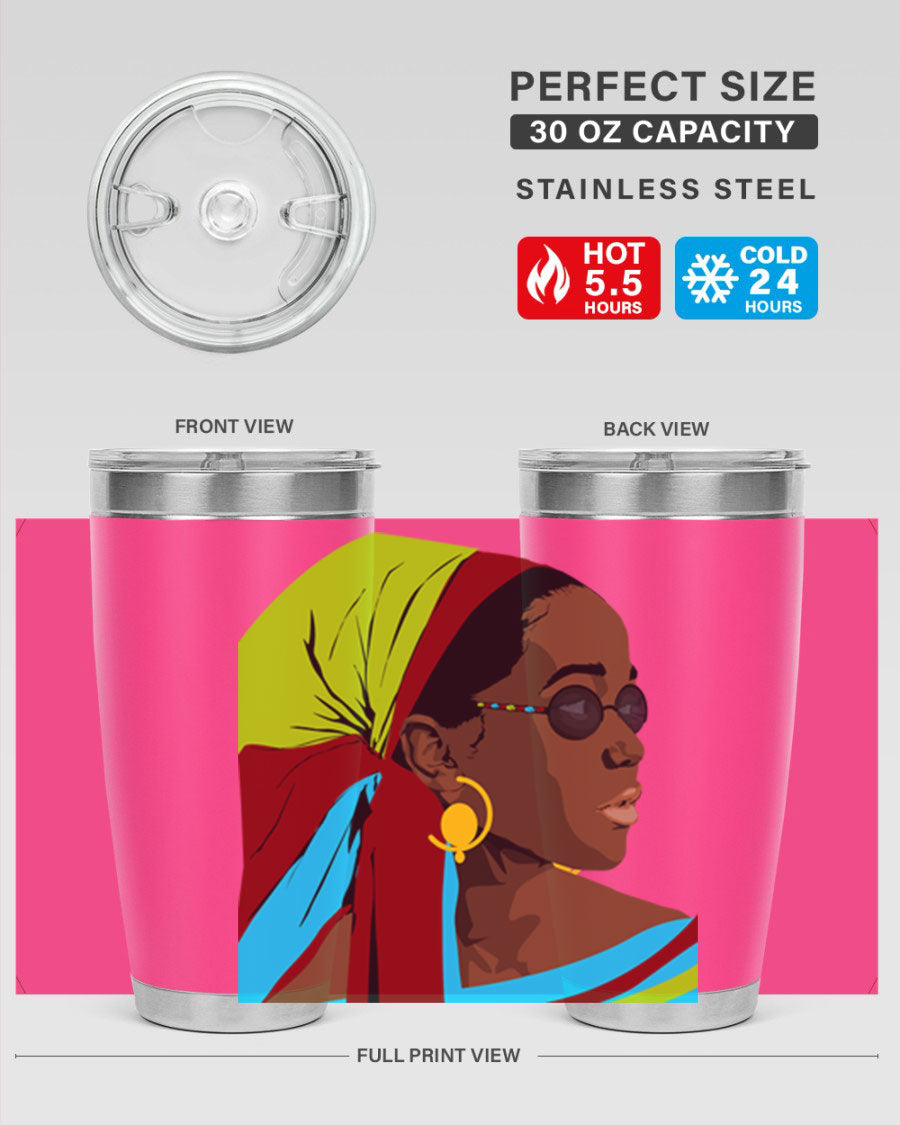 Beautiful black woman 61# tumbler in 20oz and 30oz sizes, showcasing a stylish design with double wall vacuum insulation.