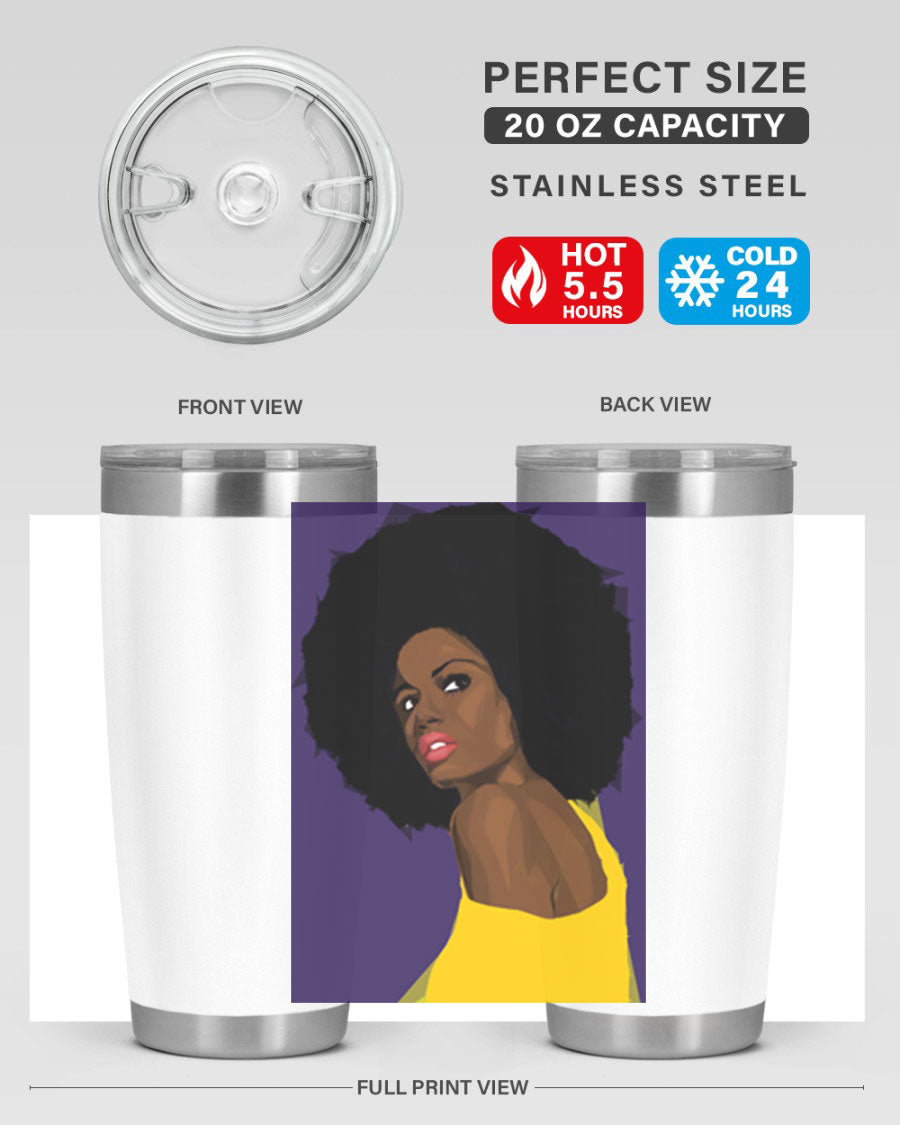 A stylish tumbler featuring a geometric design of a beautiful black woman, made of stainless steel with a copper lining.