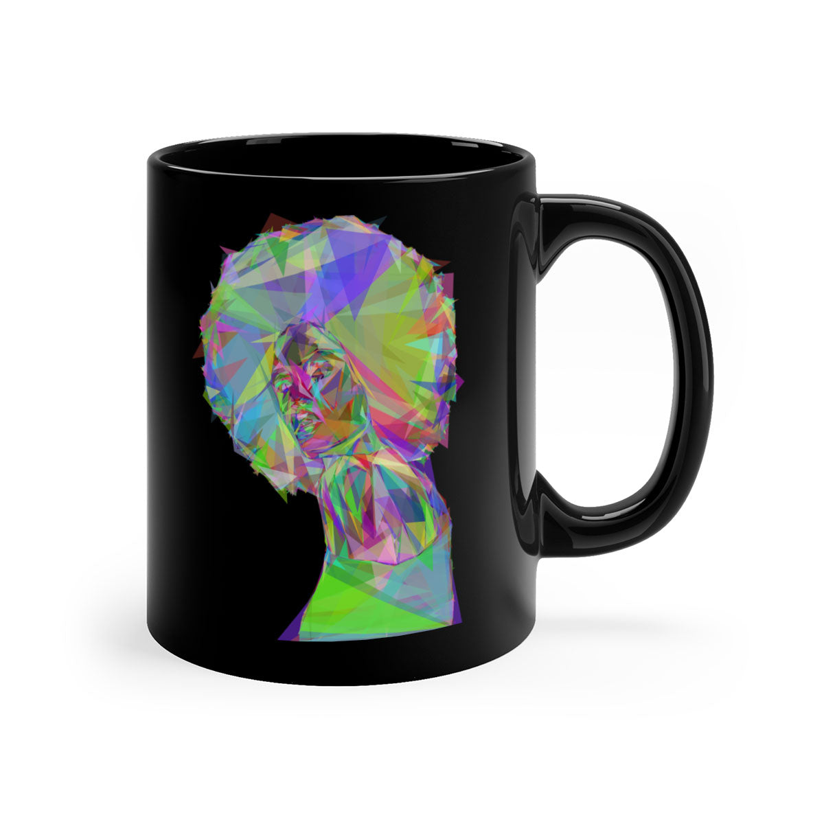 A beautiful black woman geometric prismatic mug featuring vibrant colors and a glossy finish, perfect for coffee or tea.