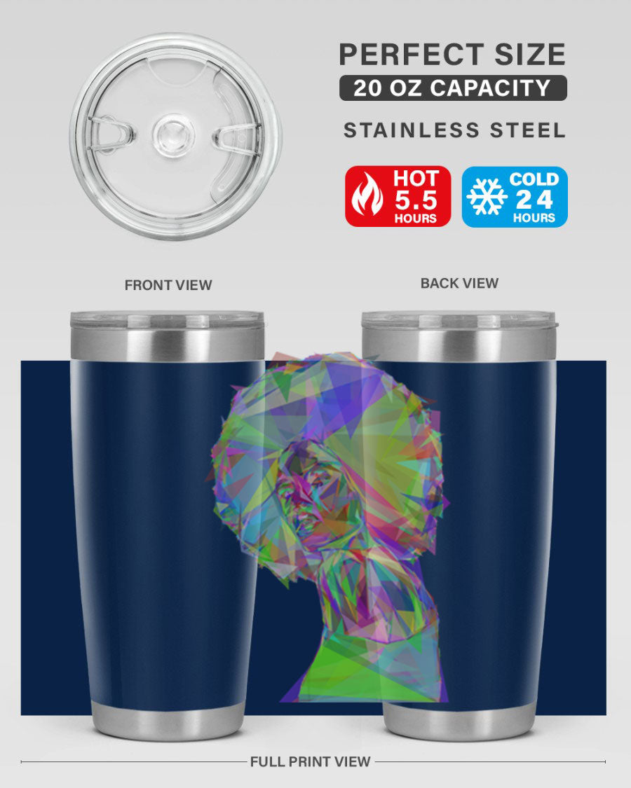 A stylish 20oz tumbler featuring a geometric prismatic design of a beautiful black woman, made from stainless steel with a drink-thru lid.