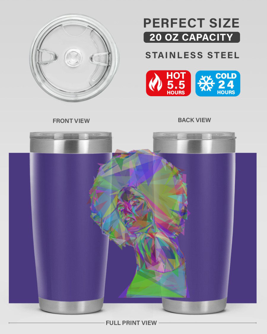 A stylish 20oz tumbler featuring a geometric prismatic design of a beautiful black woman, made from stainless steel with a drink-thru lid.
