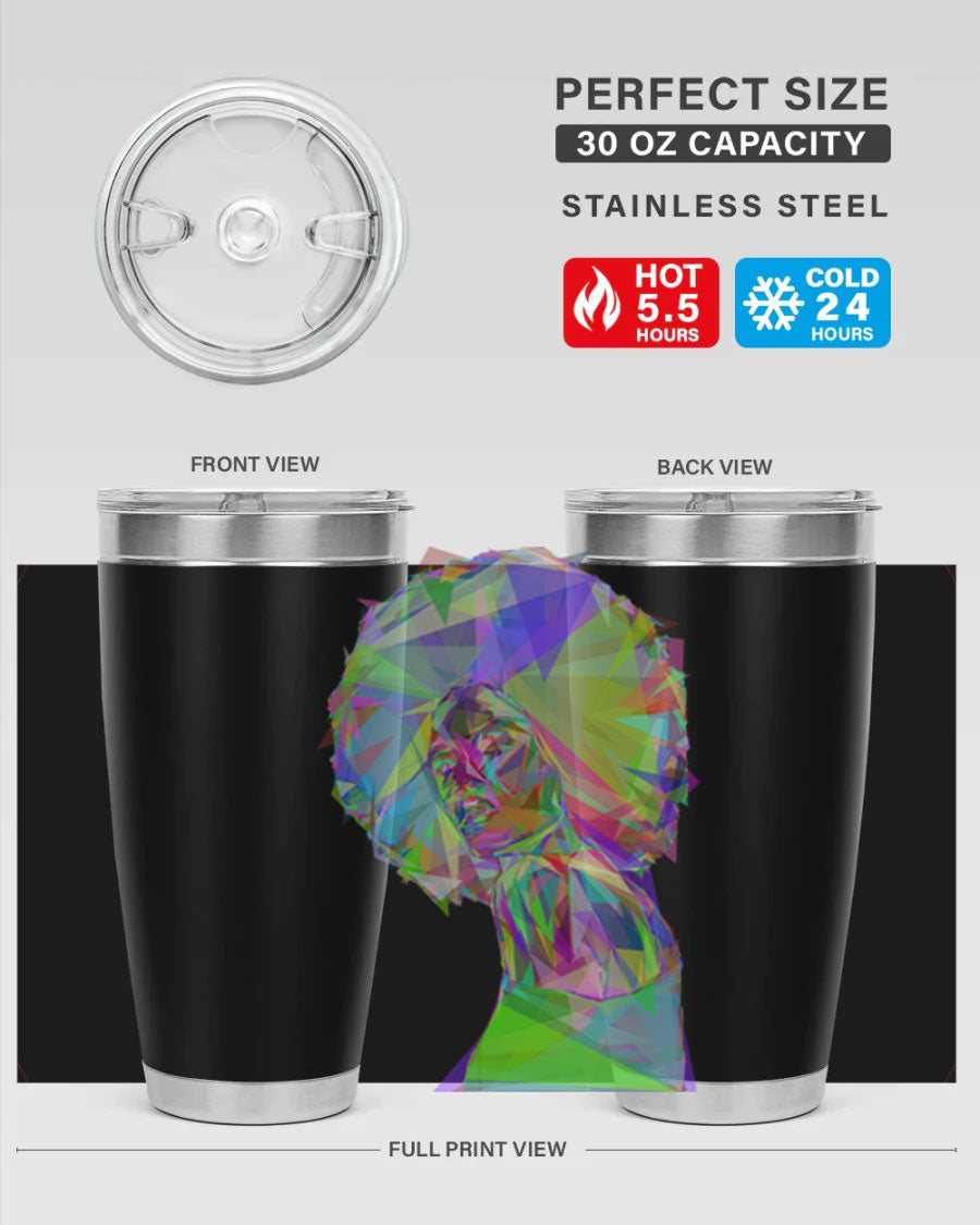 A stylish 20oz tumbler featuring a geometric prismatic design of a beautiful black woman, made from stainless steel with a drink-thru lid.