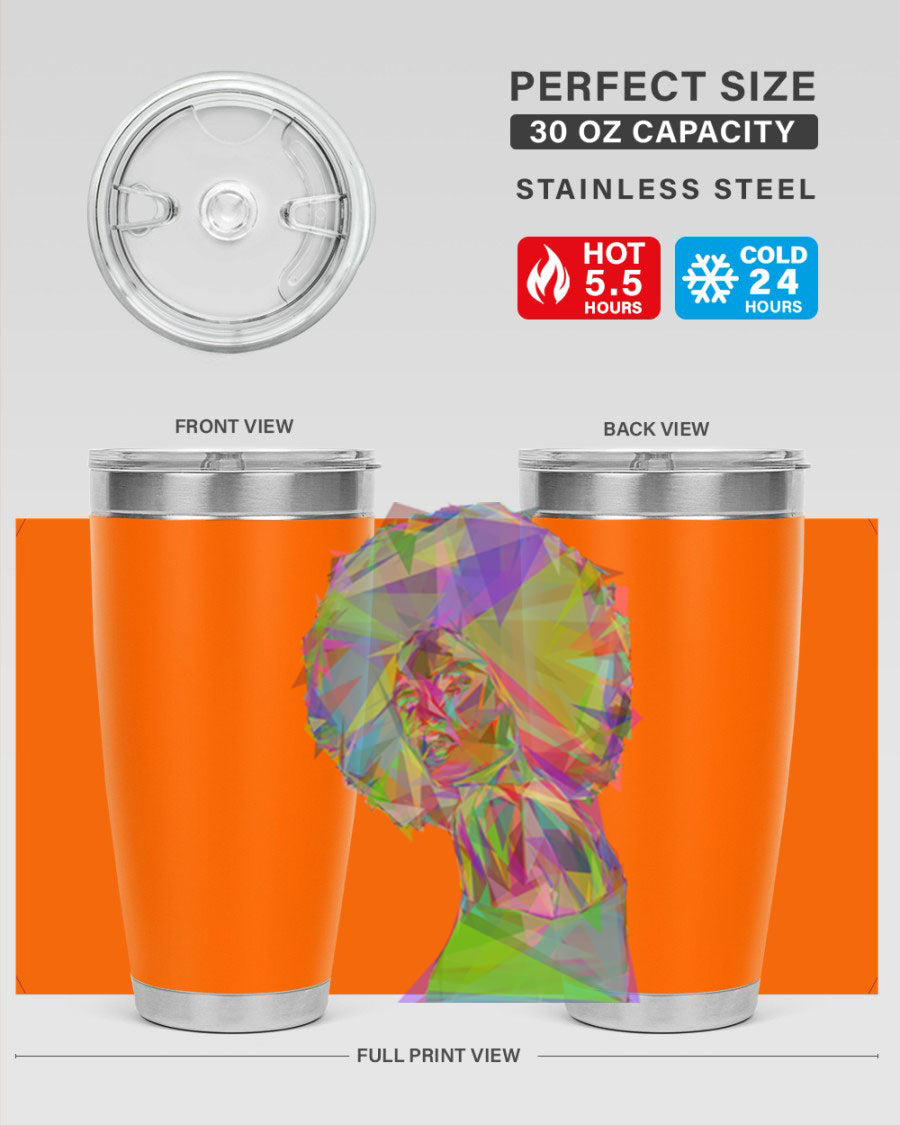 A stylish 20oz tumbler featuring a geometric prismatic design of a beautiful black woman, made from stainless steel with a drink-thru lid.