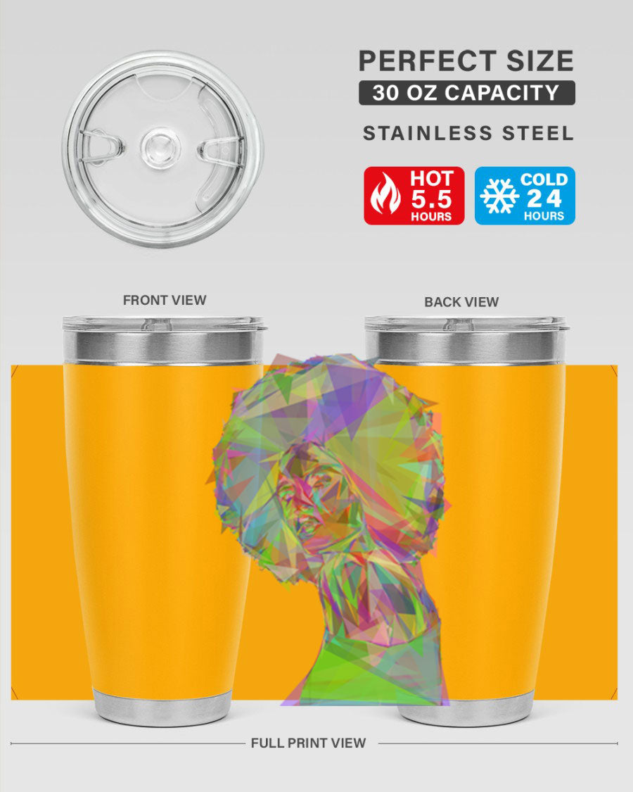 A stylish 20oz tumbler featuring a geometric prismatic design of a beautiful black woman, made from stainless steel with a drink-thru lid.