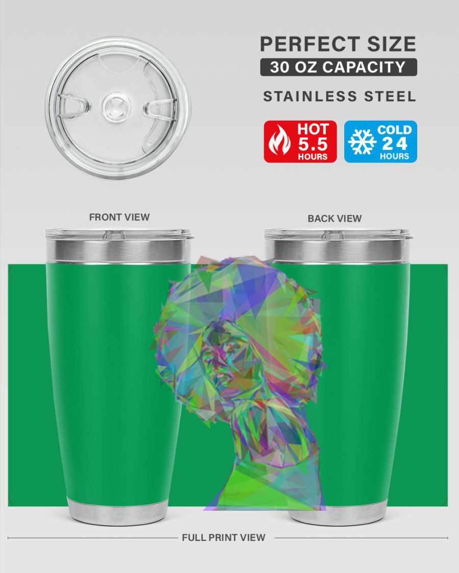 A stylish 20oz tumbler featuring a geometric prismatic design of a beautiful black woman, made from stainless steel with a drink-thru lid.