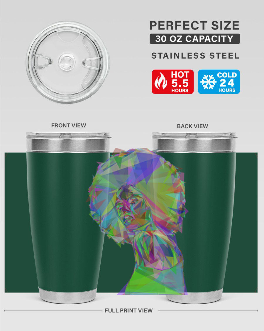 A stylish 20oz tumbler featuring a geometric prismatic design of a beautiful black woman, made from stainless steel with a drink-thru lid.