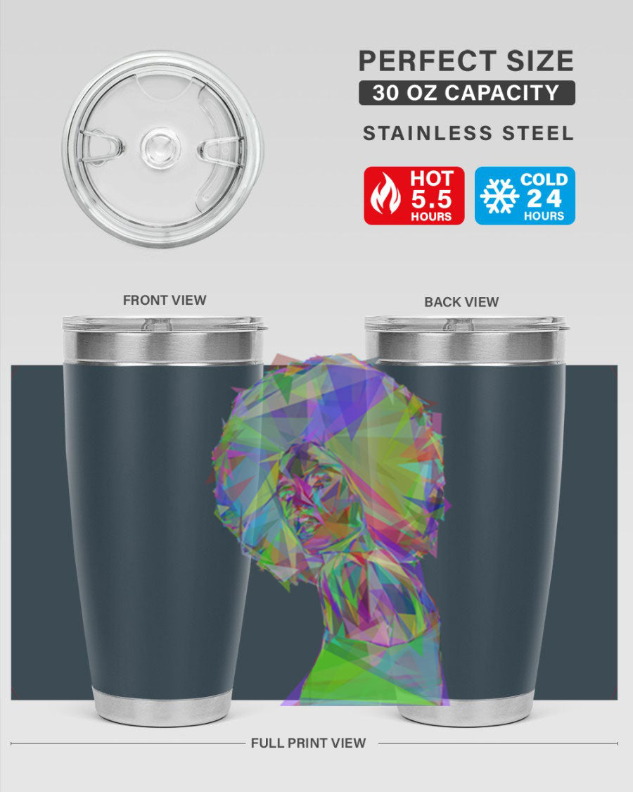 A stylish 20oz tumbler featuring a geometric prismatic design of a beautiful black woman, made from stainless steel with a drink-thru lid.