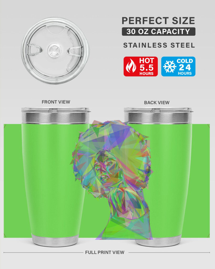 A stylish 20oz tumbler featuring a geometric prismatic design of a beautiful black woman, made from stainless steel with a drink-thru lid.