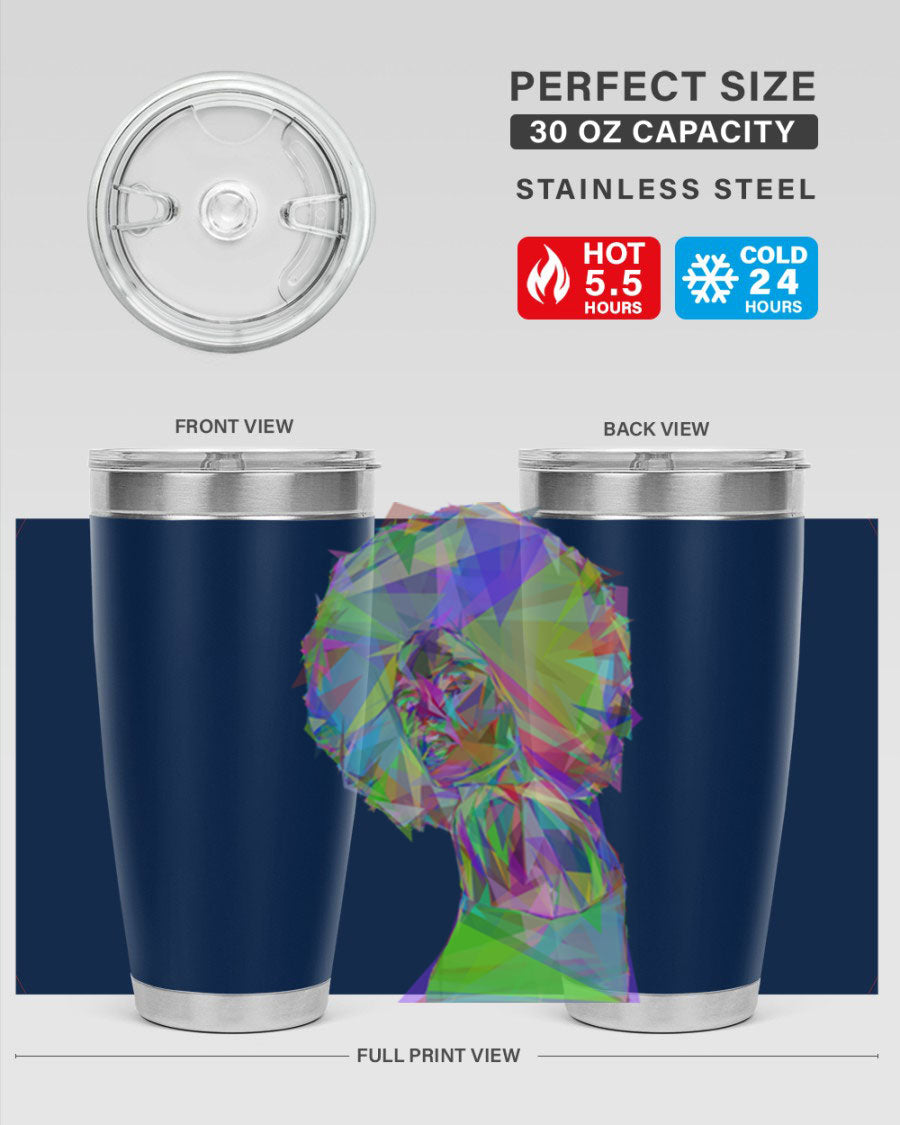 A stylish 20oz tumbler featuring a geometric prismatic design of a beautiful black woman, made from stainless steel with a drink-thru lid.