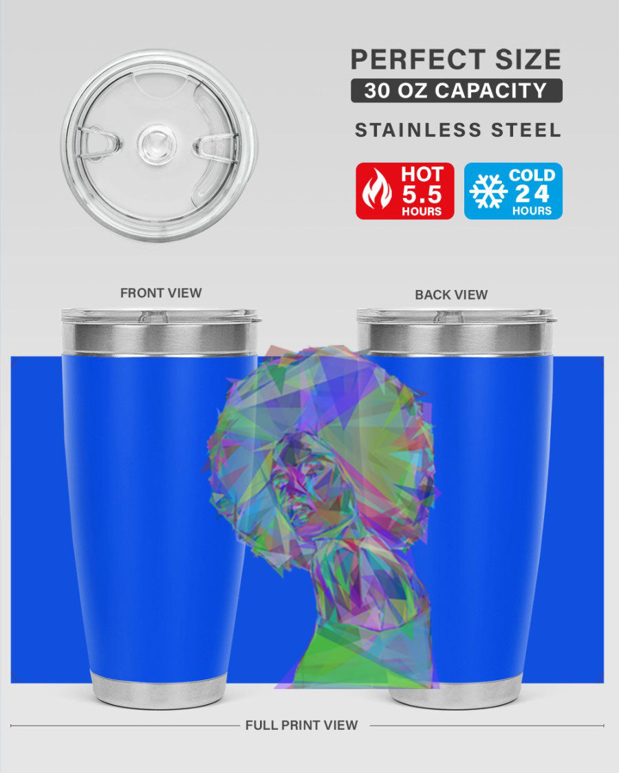 A stylish 20oz tumbler featuring a geometric prismatic design of a beautiful black woman, made from stainless steel with a drink-thru lid.