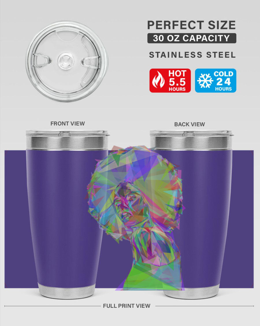A stylish 20oz tumbler featuring a geometric prismatic design of a beautiful black woman, made from stainless steel with a drink-thru lid.