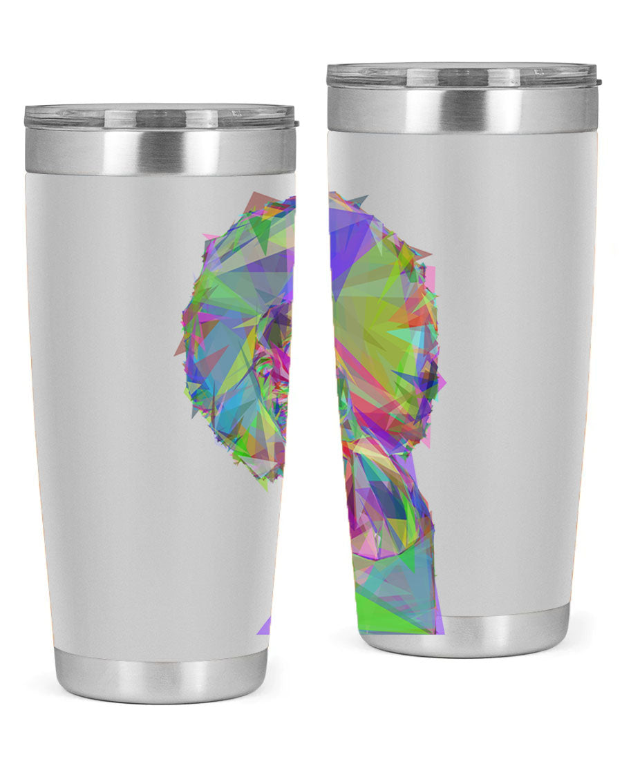 A stylish 20oz tumbler featuring a geometric prismatic design of a beautiful black woman, made from stainless steel with a drink-thru lid.