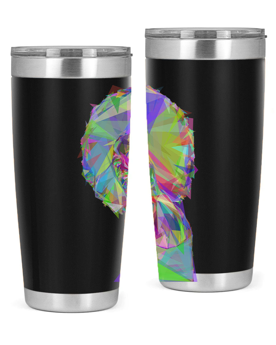 A stylish 20oz tumbler featuring a geometric prismatic design of a beautiful black woman, made from stainless steel with a drink-thru lid.