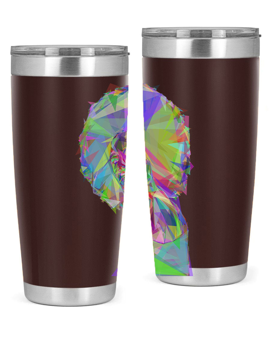 A stylish 20oz tumbler featuring a geometric prismatic design of a beautiful black woman, made from stainless steel with a drink-thru lid.