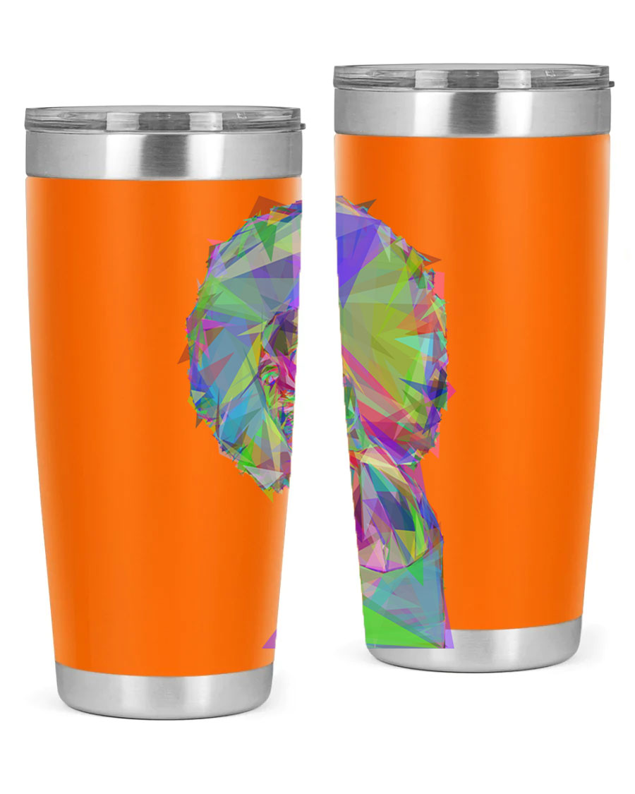 A stylish 20oz tumbler featuring a geometric prismatic design of a beautiful black woman, made from stainless steel with a drink-thru lid.