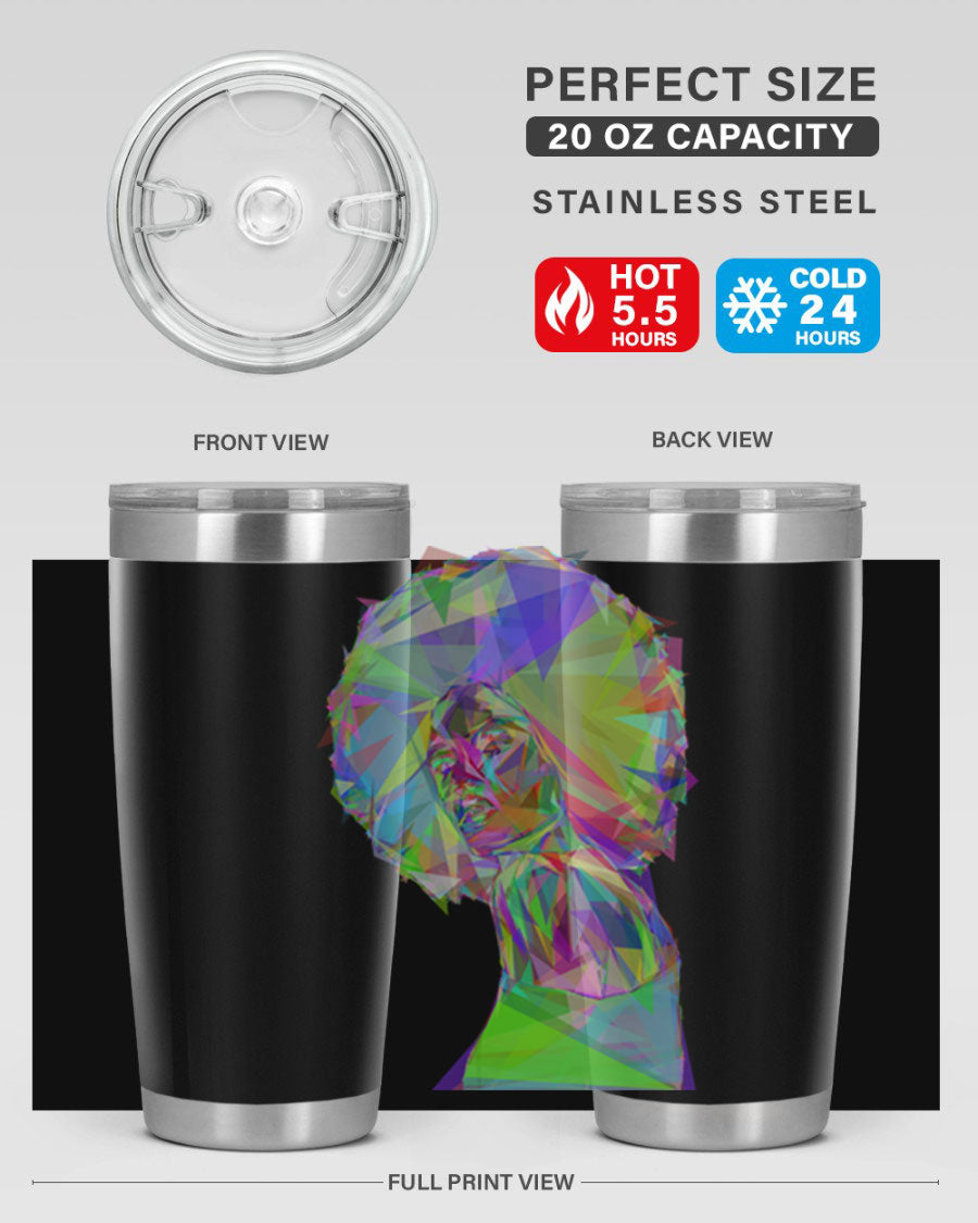 A stylish 20oz tumbler featuring a geometric prismatic design of a beautiful black woman, made from stainless steel with a drink-thru lid.