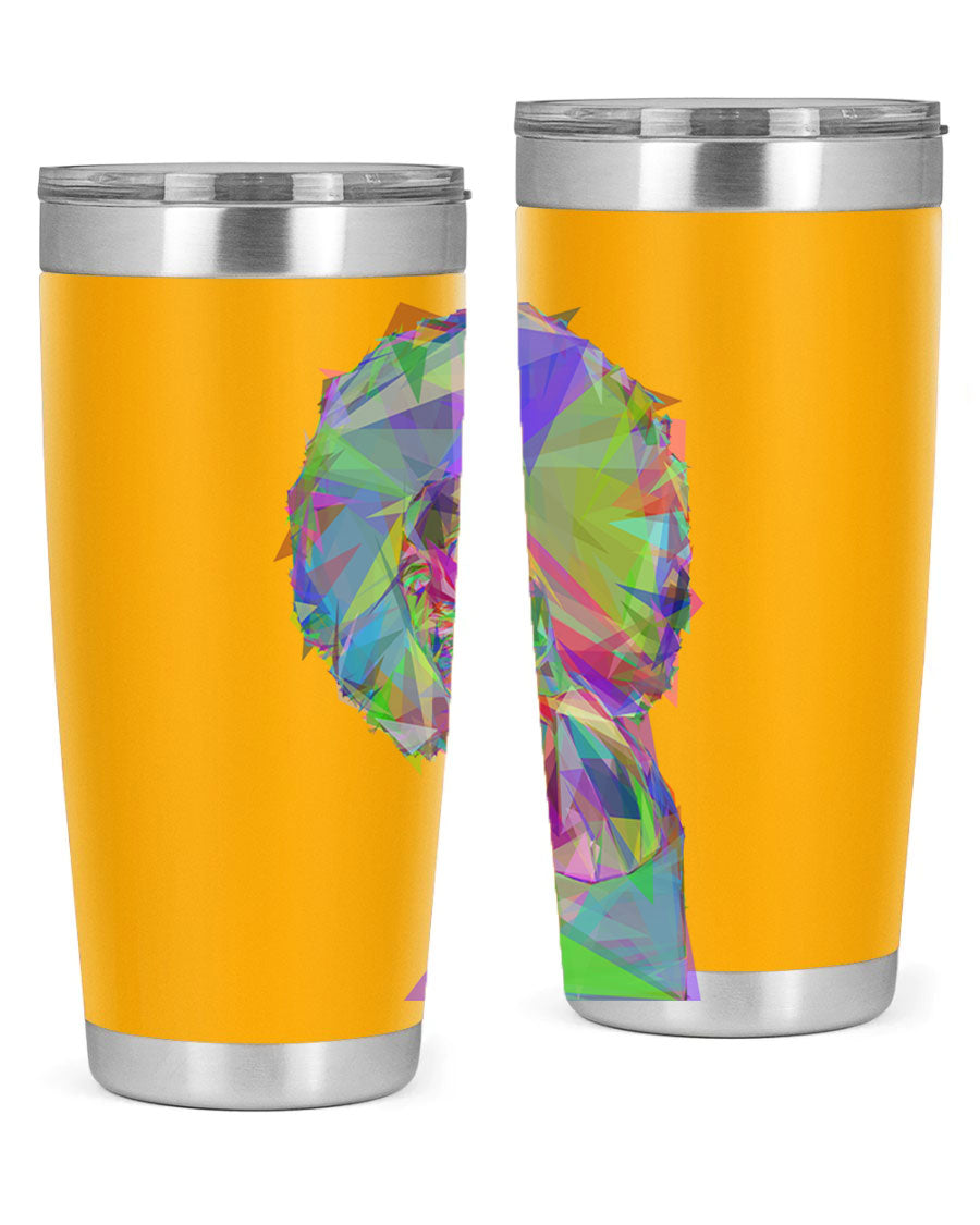 A stylish 20oz tumbler featuring a geometric prismatic design of a beautiful black woman, made from stainless steel with a drink-thru lid.