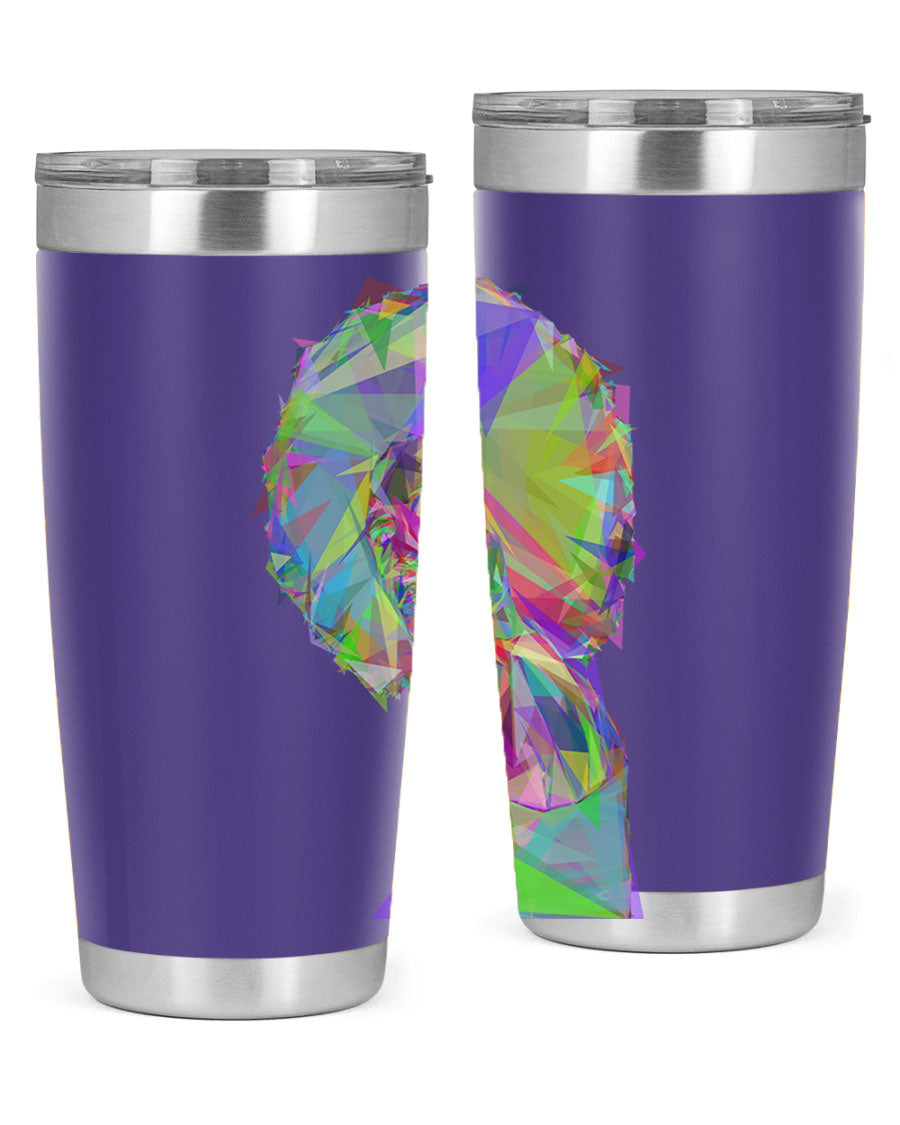 A stylish 20oz tumbler featuring a geometric prismatic design of a beautiful black woman, made from stainless steel with a drink-thru lid.