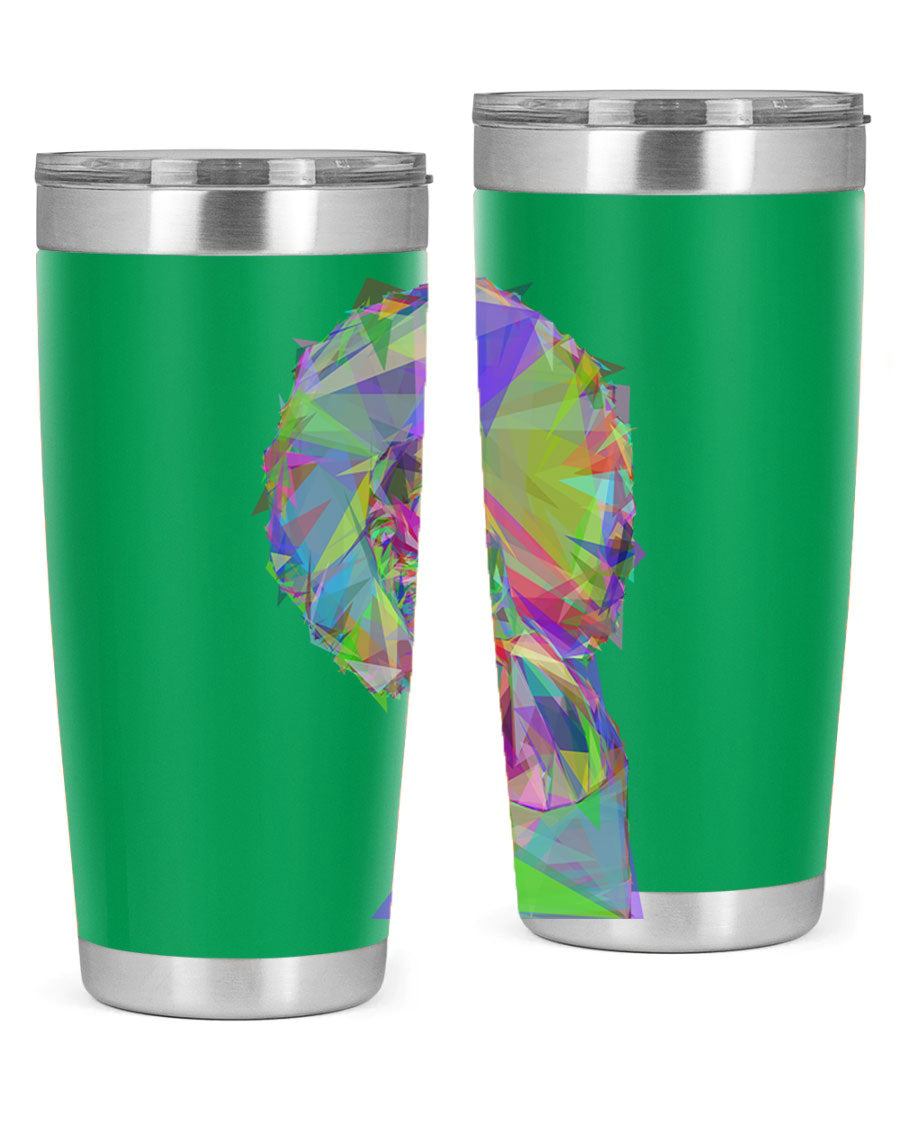 A stylish 20oz tumbler featuring a geometric prismatic design of a beautiful black woman, made from stainless steel with a drink-thru lid.