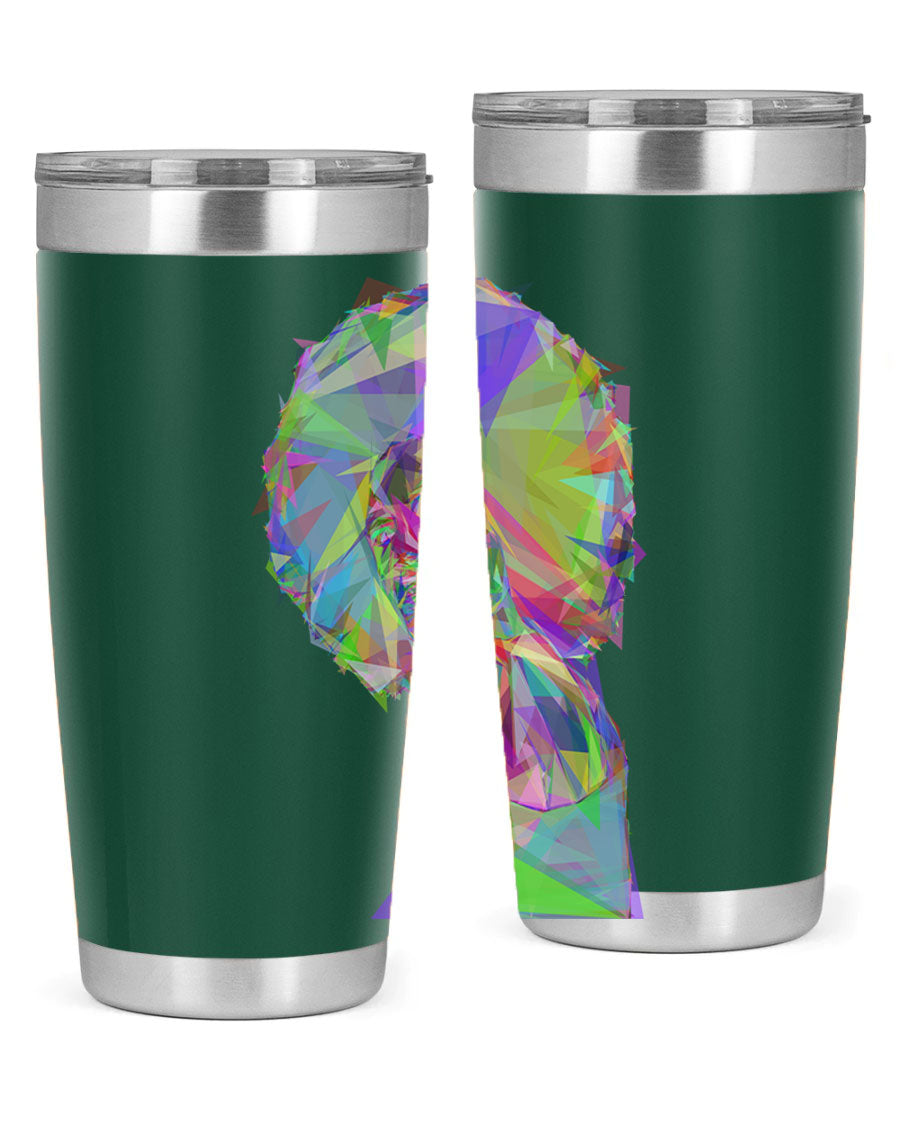 A stylish 20oz tumbler featuring a geometric prismatic design of a beautiful black woman, made from stainless steel with a drink-thru lid.