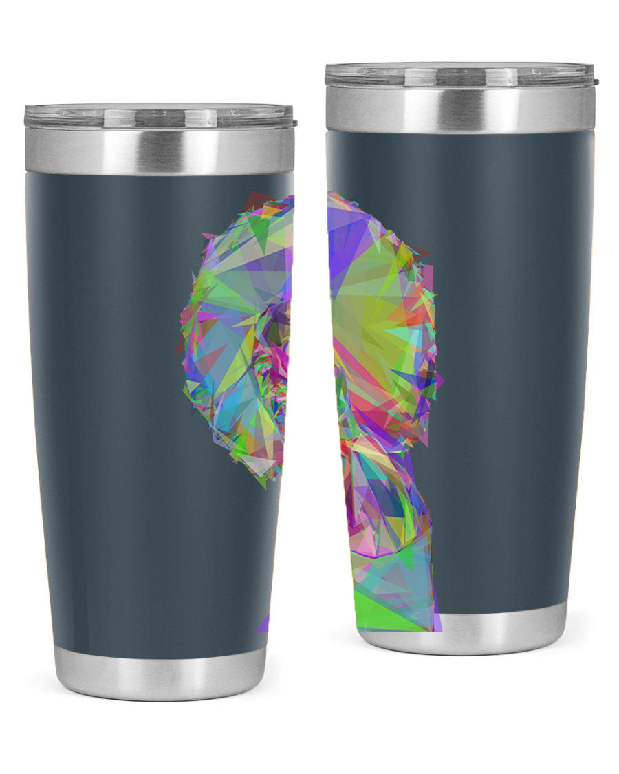 A stylish 20oz tumbler featuring a geometric prismatic design of a beautiful black woman, made from stainless steel with a drink-thru lid.
