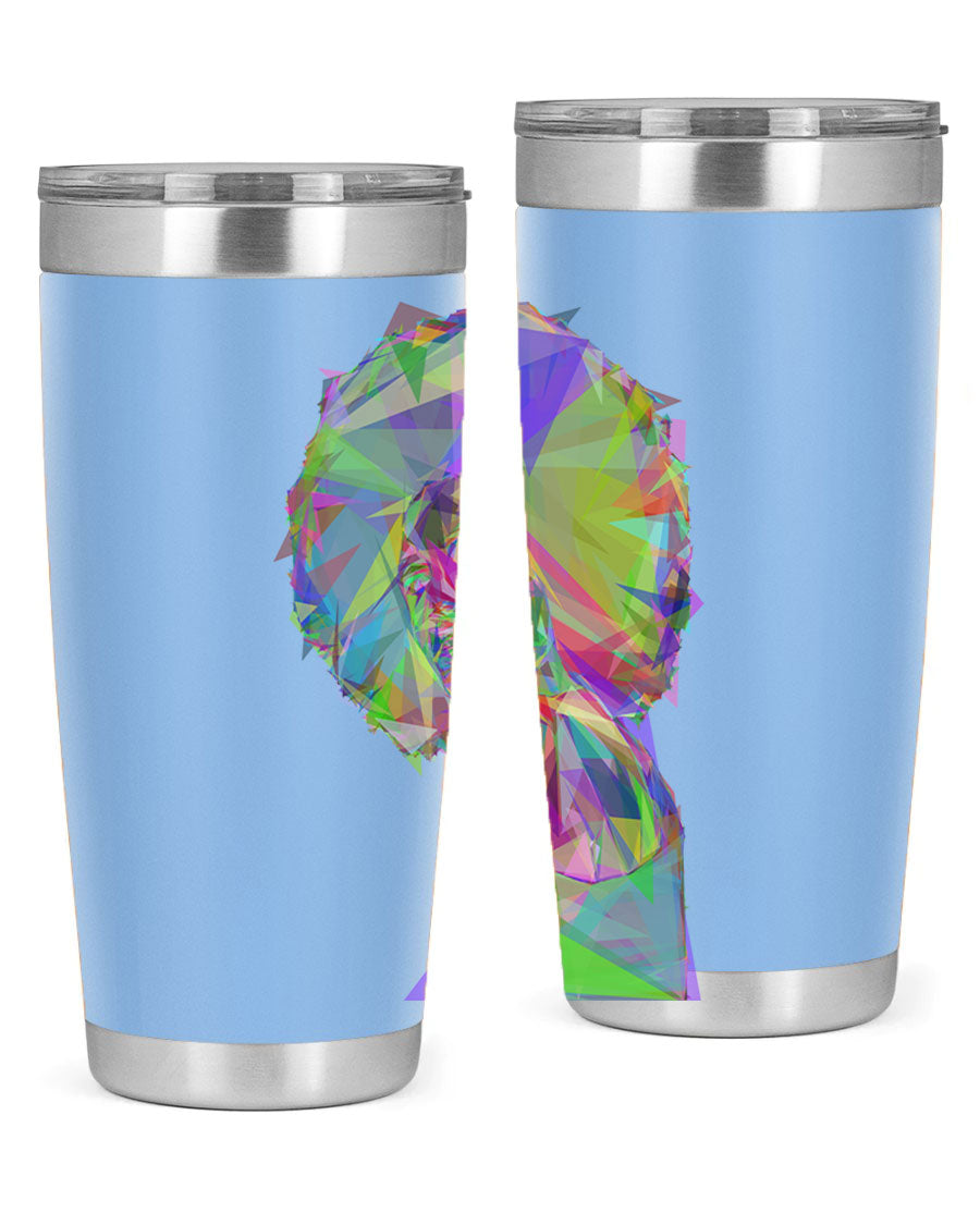 A stylish 20oz tumbler featuring a geometric prismatic design of a beautiful black woman, made from stainless steel with a drink-thru lid.