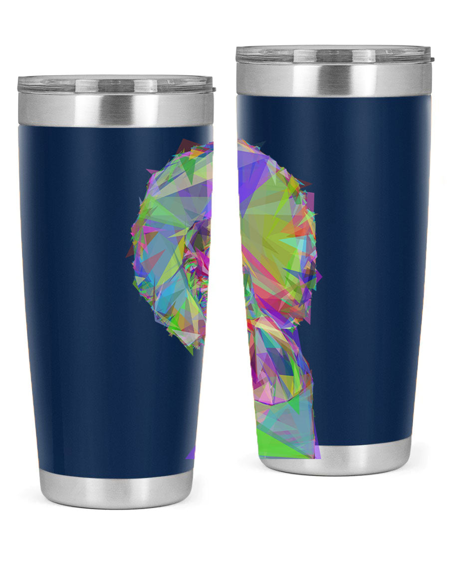 A stylish 20oz tumbler featuring a geometric prismatic design of a beautiful black woman, made from stainless steel with a drink-thru lid.