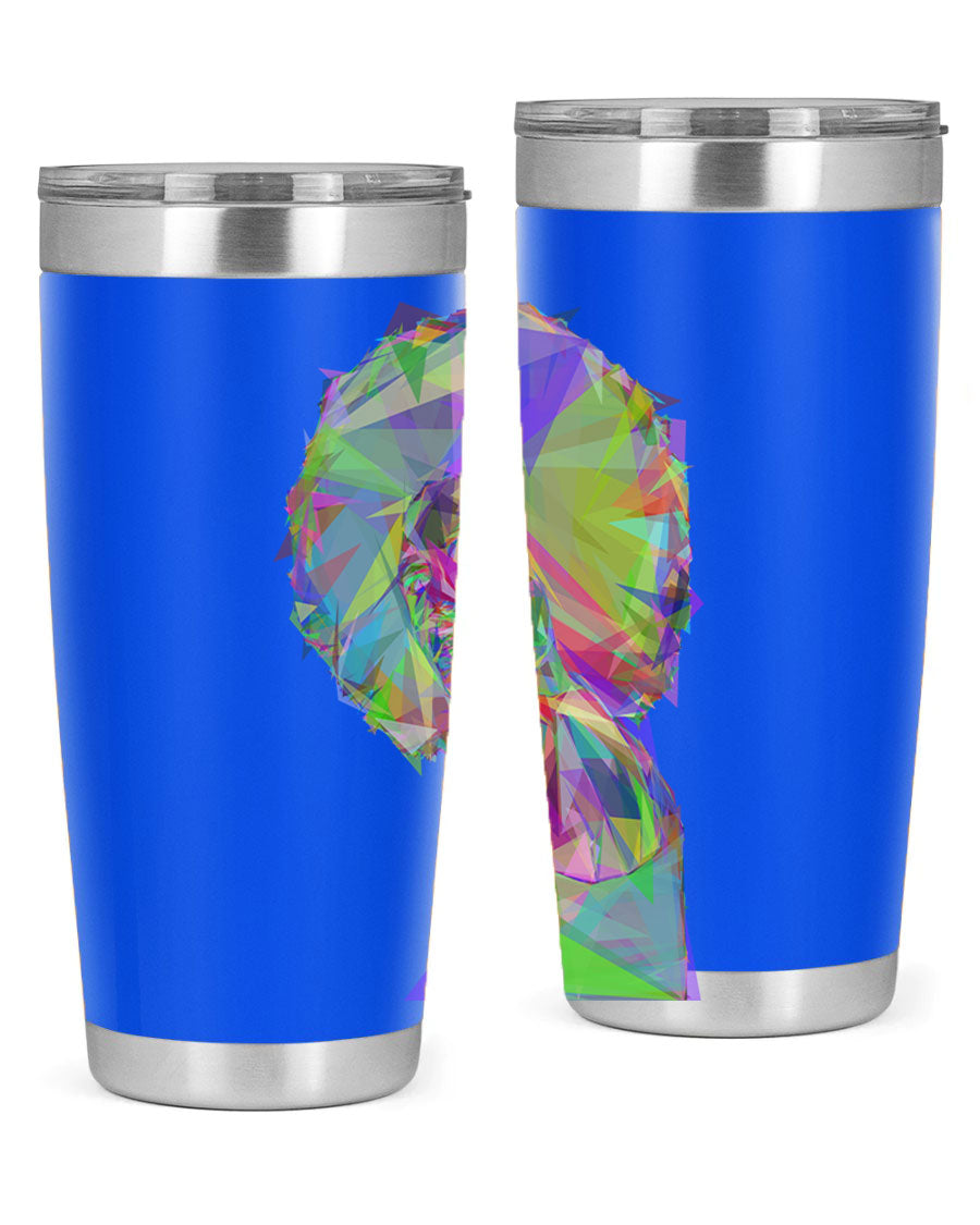 A stylish 20oz tumbler featuring a geometric prismatic design of a beautiful black woman, made from stainless steel with a drink-thru lid.