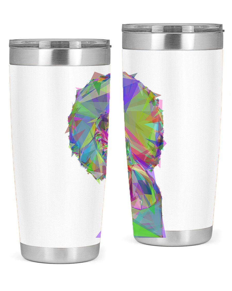 A stylish 20oz tumbler featuring a geometric prismatic design of a beautiful black woman, made from stainless steel with a drink-thru lid.