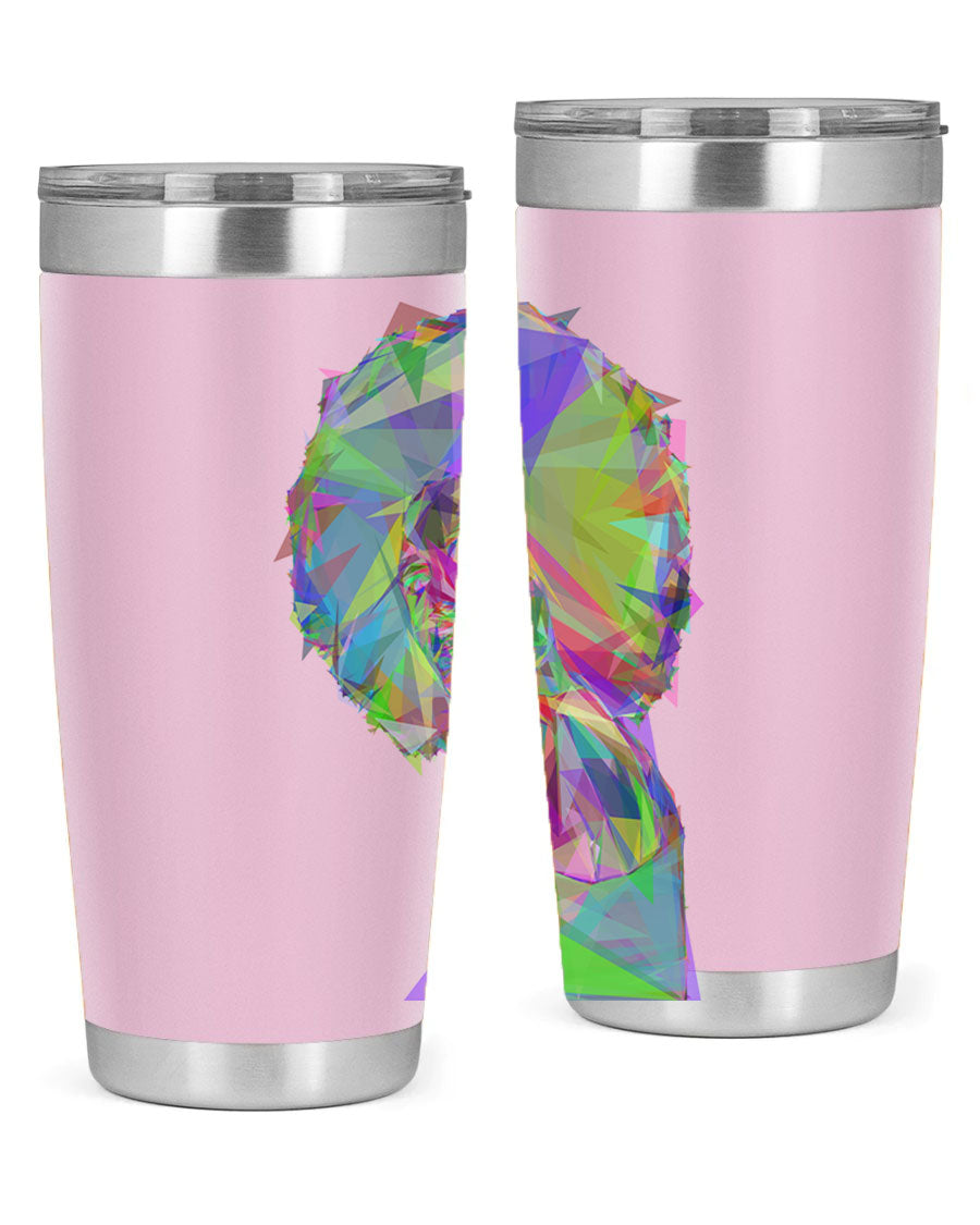 A stylish 20oz tumbler featuring a geometric prismatic design of a beautiful black woman, made from stainless steel with a drink-thru lid.