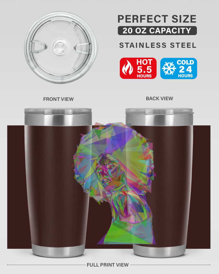 A stylish 20oz tumbler featuring a geometric prismatic design of a beautiful black woman, made from stainless steel with a drink-thru lid.