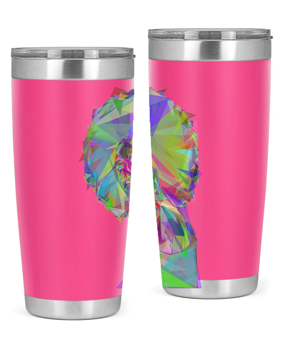 A stylish 20oz tumbler featuring a geometric prismatic design of a beautiful black woman, made from stainless steel with a drink-thru lid.