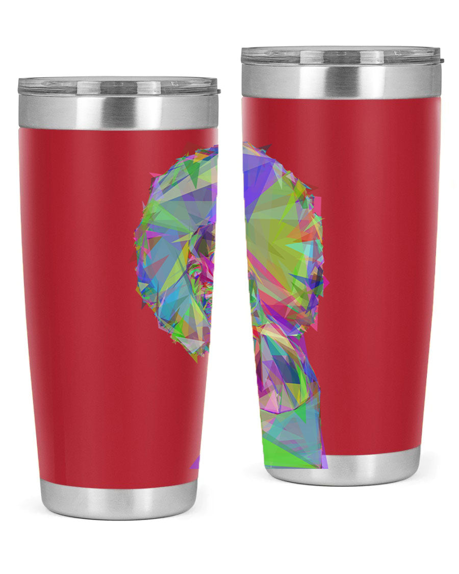 A stylish 20oz tumbler featuring a geometric prismatic design of a beautiful black woman, made from stainless steel with a drink-thru lid.