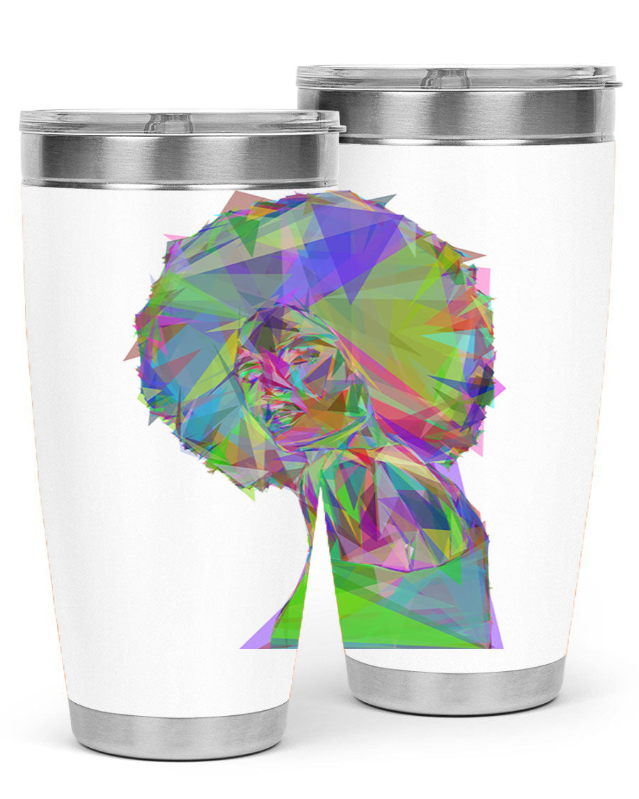 A stylish 20oz tumbler featuring a geometric prismatic design of a beautiful black woman, made from stainless steel with a drink-thru lid.