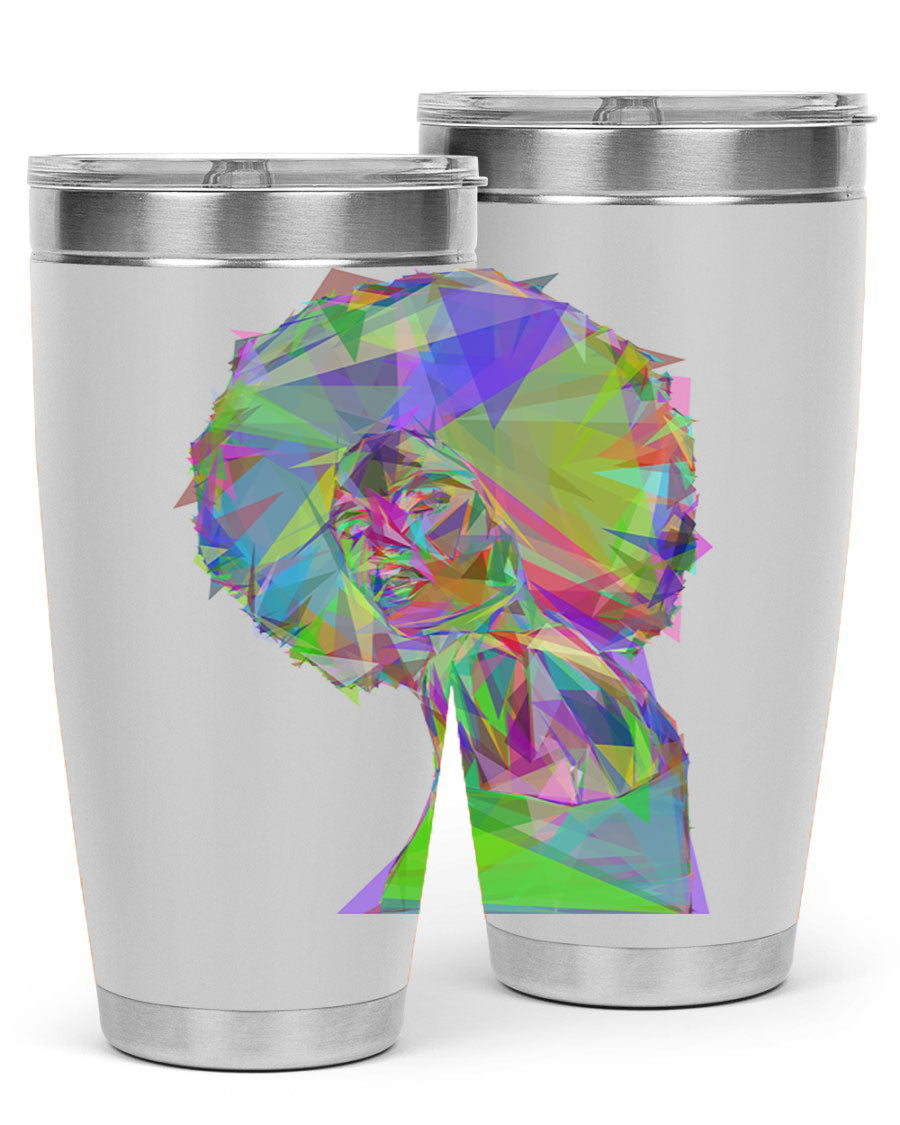 A stylish 20oz tumbler featuring a geometric prismatic design of a beautiful black woman, made from stainless steel with a drink-thru lid.