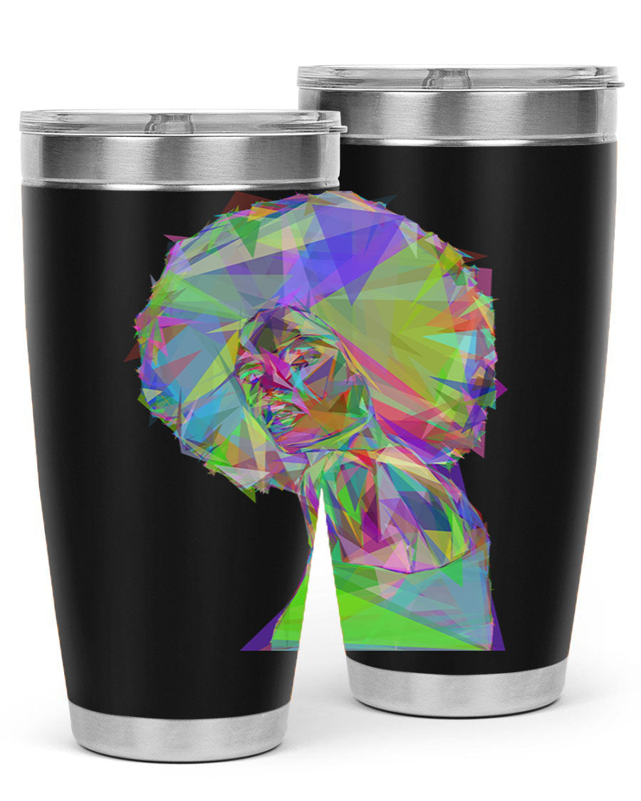 A stylish 20oz tumbler featuring a geometric prismatic design of a beautiful black woman, made from stainless steel with a drink-thru lid.