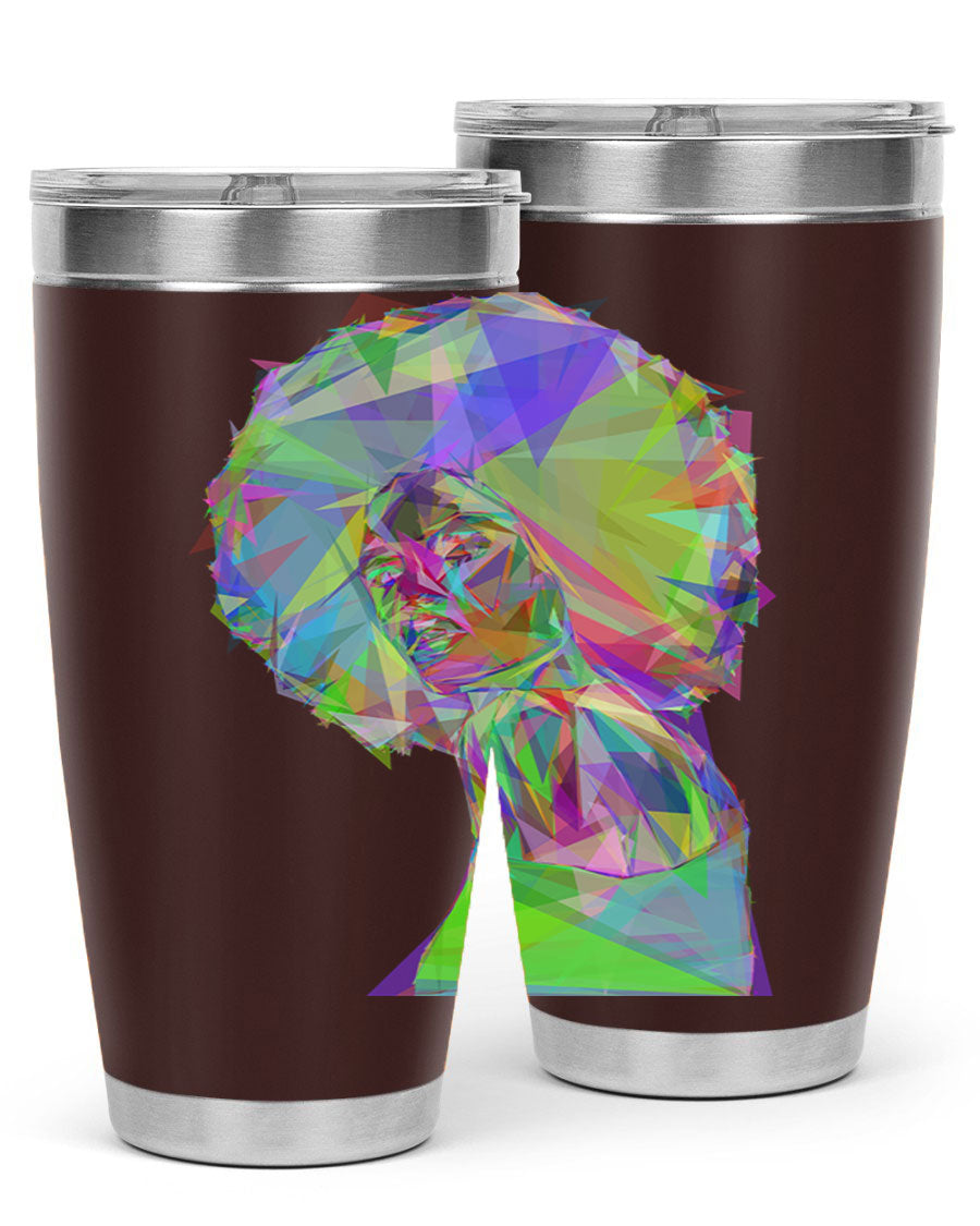 A stylish 20oz tumbler featuring a geometric prismatic design of a beautiful black woman, made from stainless steel with a drink-thru lid.