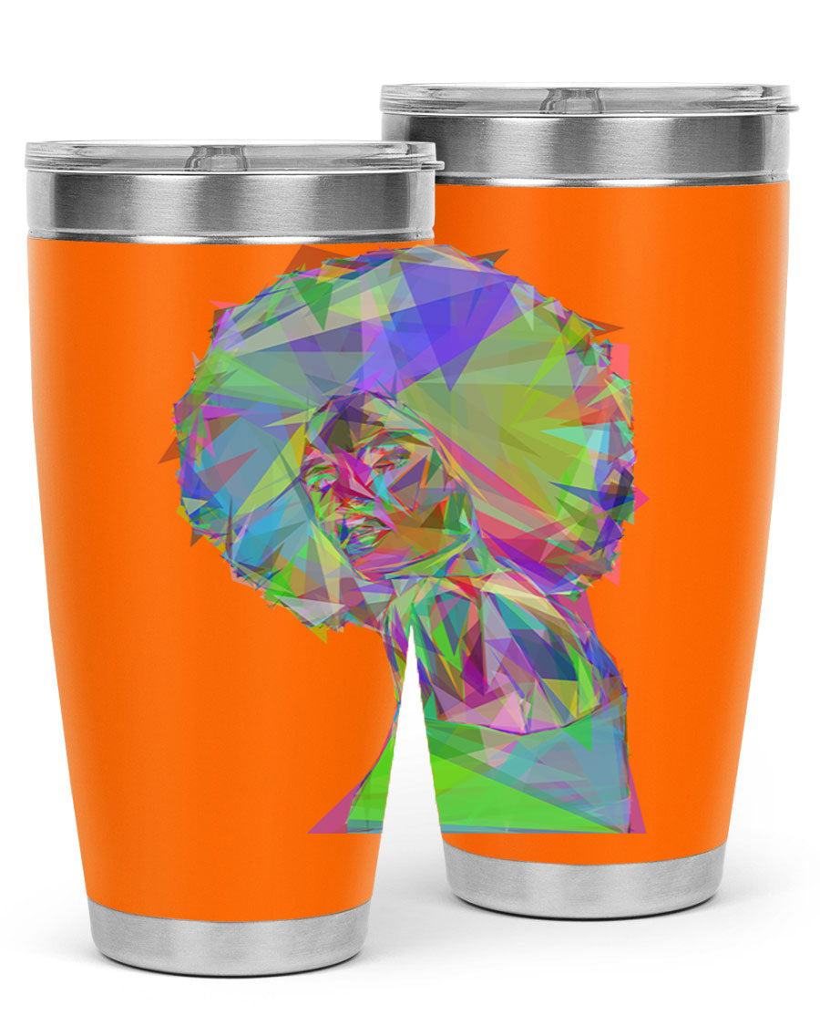 A stylish 20oz tumbler featuring a geometric prismatic design of a beautiful black woman, made from stainless steel with a drink-thru lid.