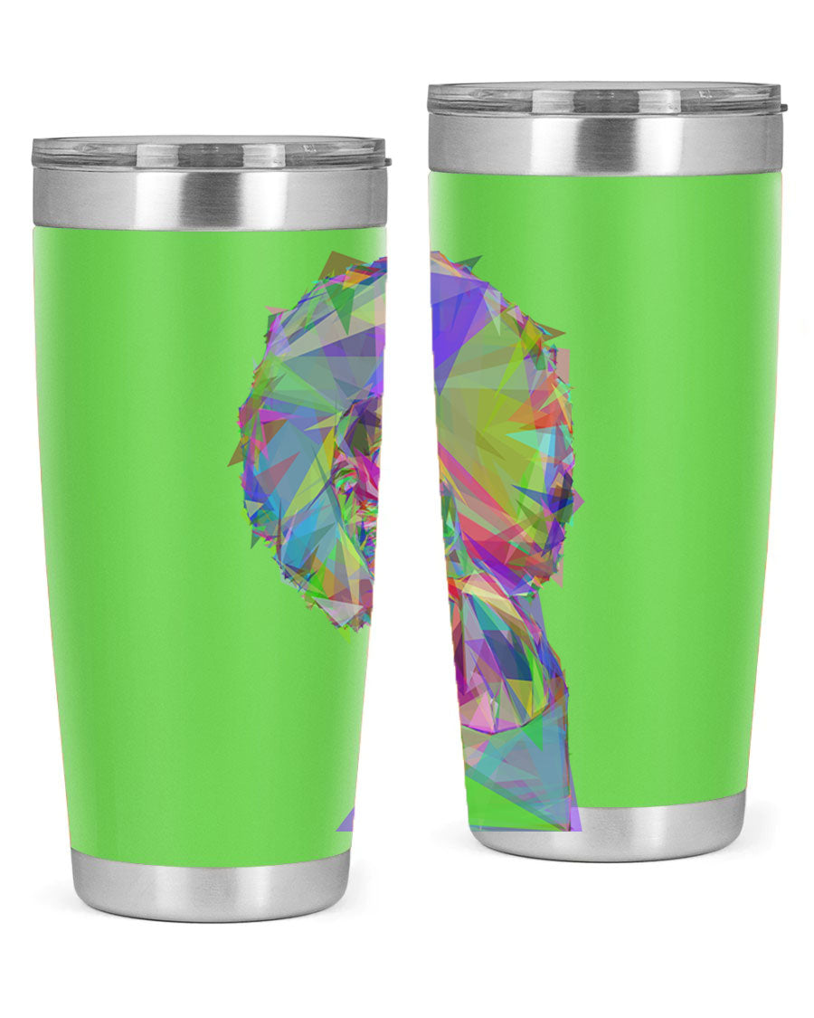 A stylish 20oz tumbler featuring a geometric prismatic design of a beautiful black woman, made from stainless steel with a drink-thru lid.