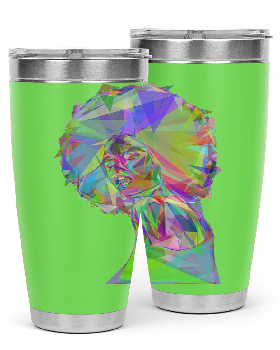 A stylish 20oz tumbler featuring a geometric prismatic design of a beautiful black woman, made from stainless steel with a drink-thru lid.