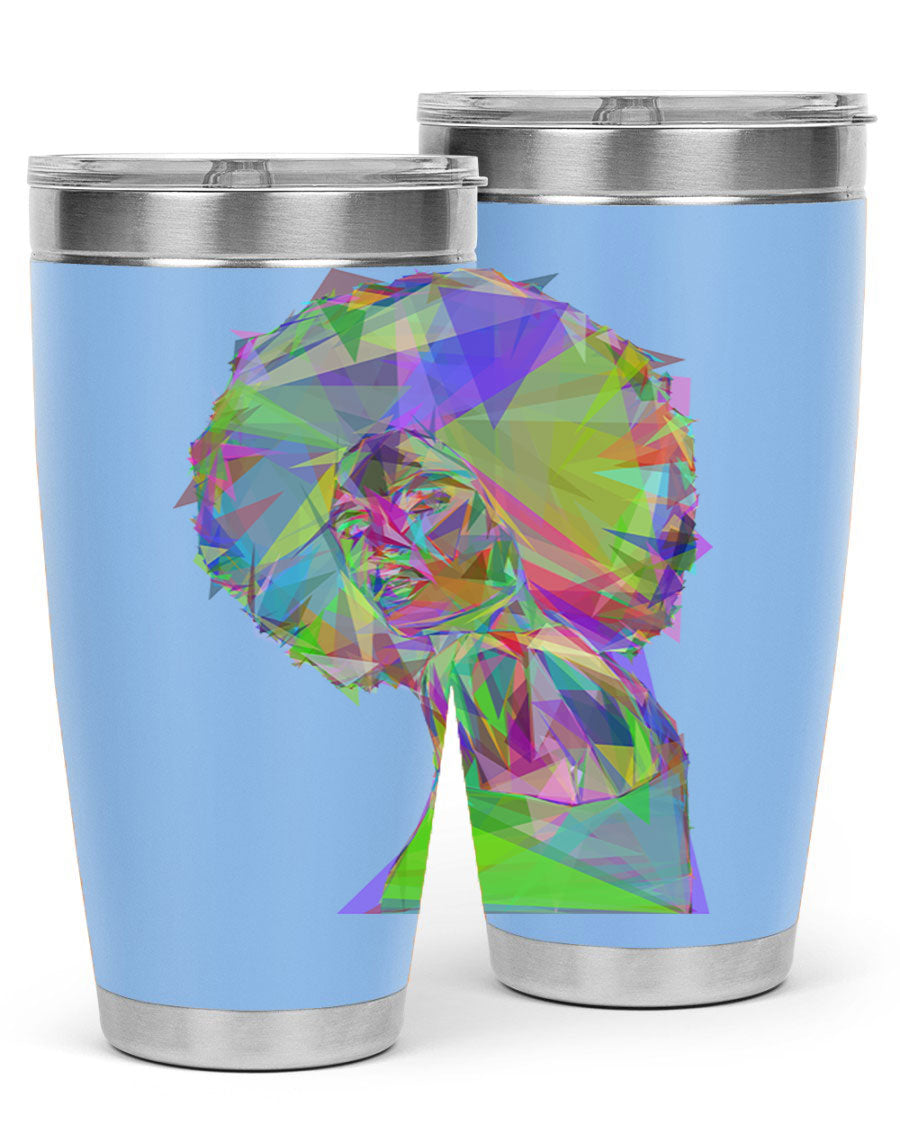 A stylish 20oz tumbler featuring a geometric prismatic design of a beautiful black woman, made from stainless steel with a drink-thru lid.