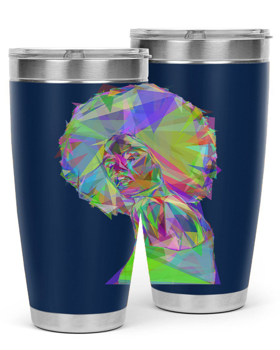A stylish 20oz tumbler featuring a geometric prismatic design of a beautiful black woman, made from stainless steel with a drink-thru lid.