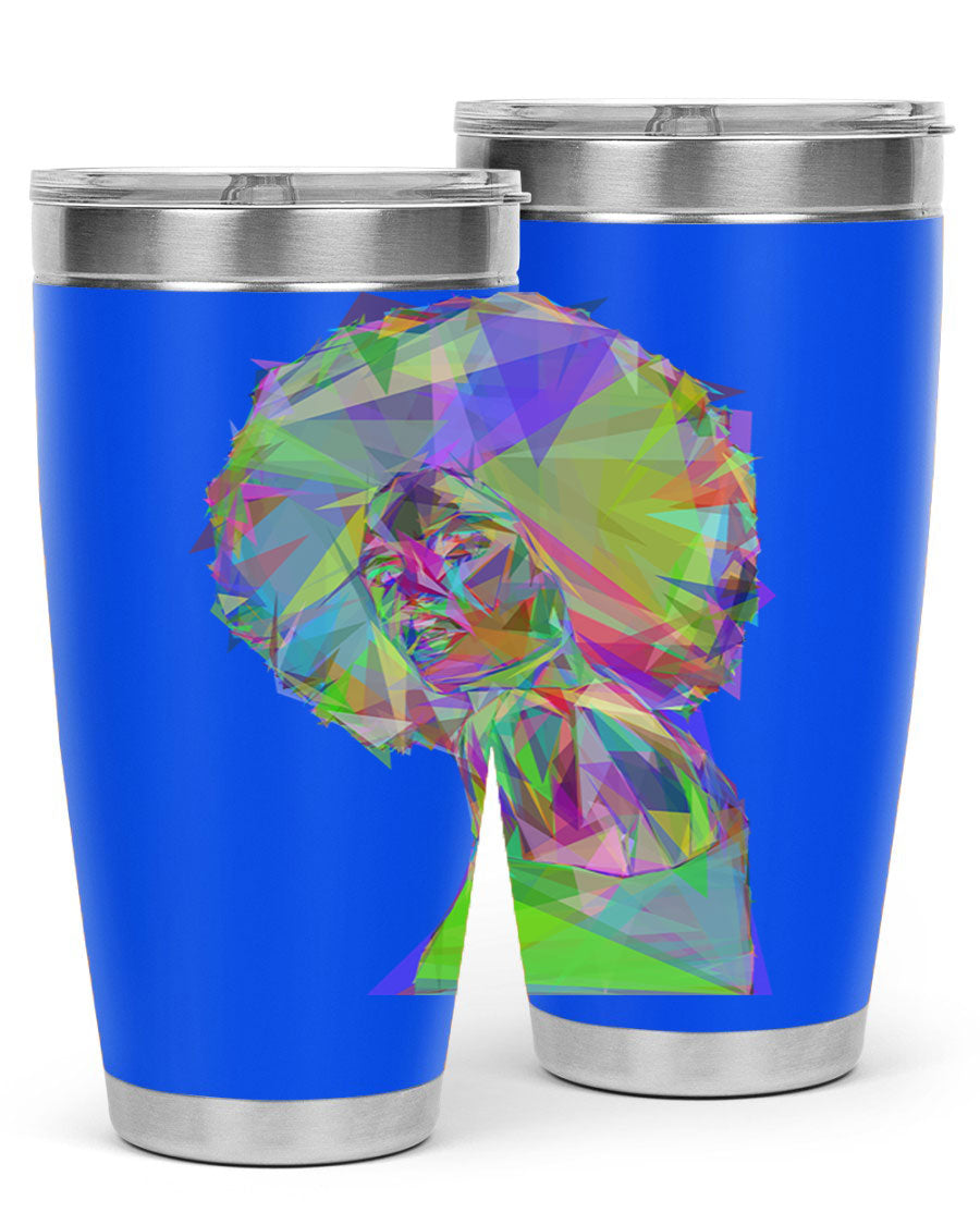 A stylish 20oz tumbler featuring a geometric prismatic design of a beautiful black woman, made from stainless steel with a drink-thru lid.