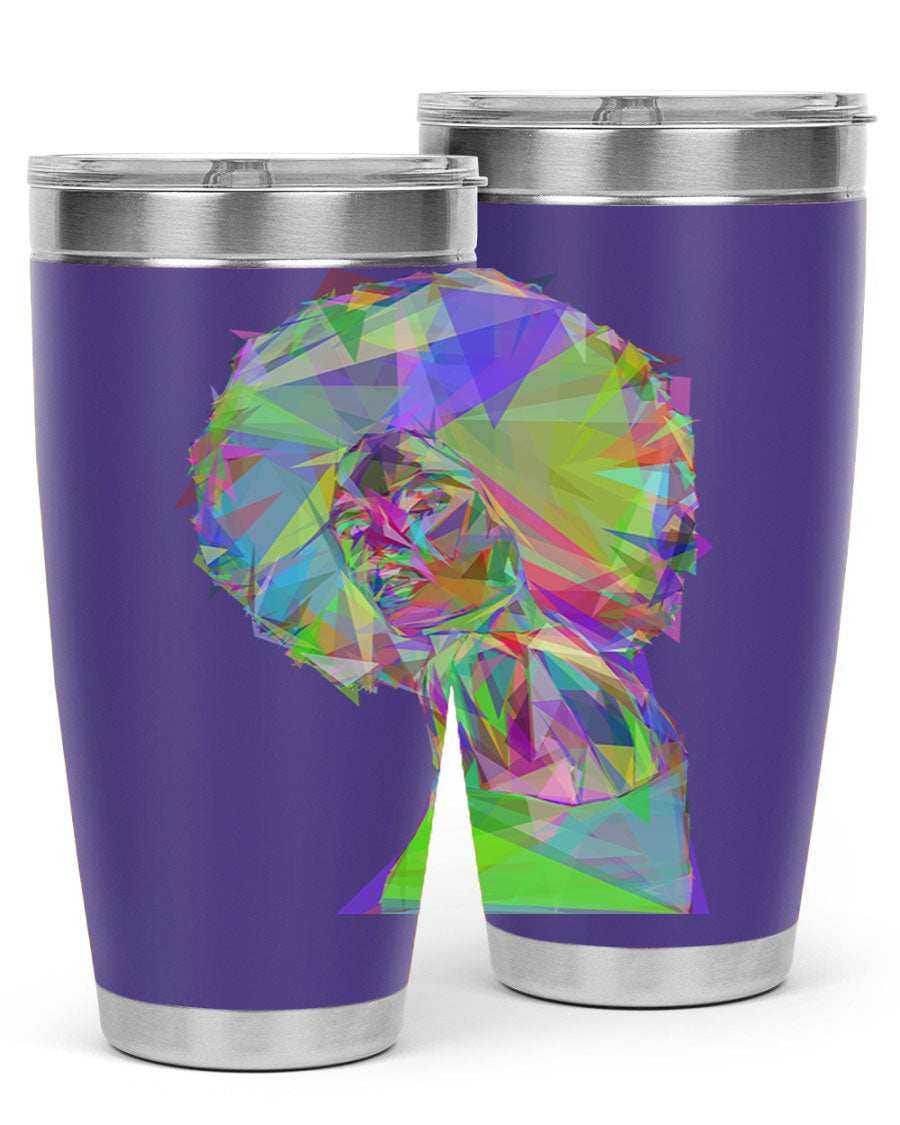 A stylish 20oz tumbler featuring a geometric prismatic design of a beautiful black woman, made from stainless steel with a drink-thru lid.